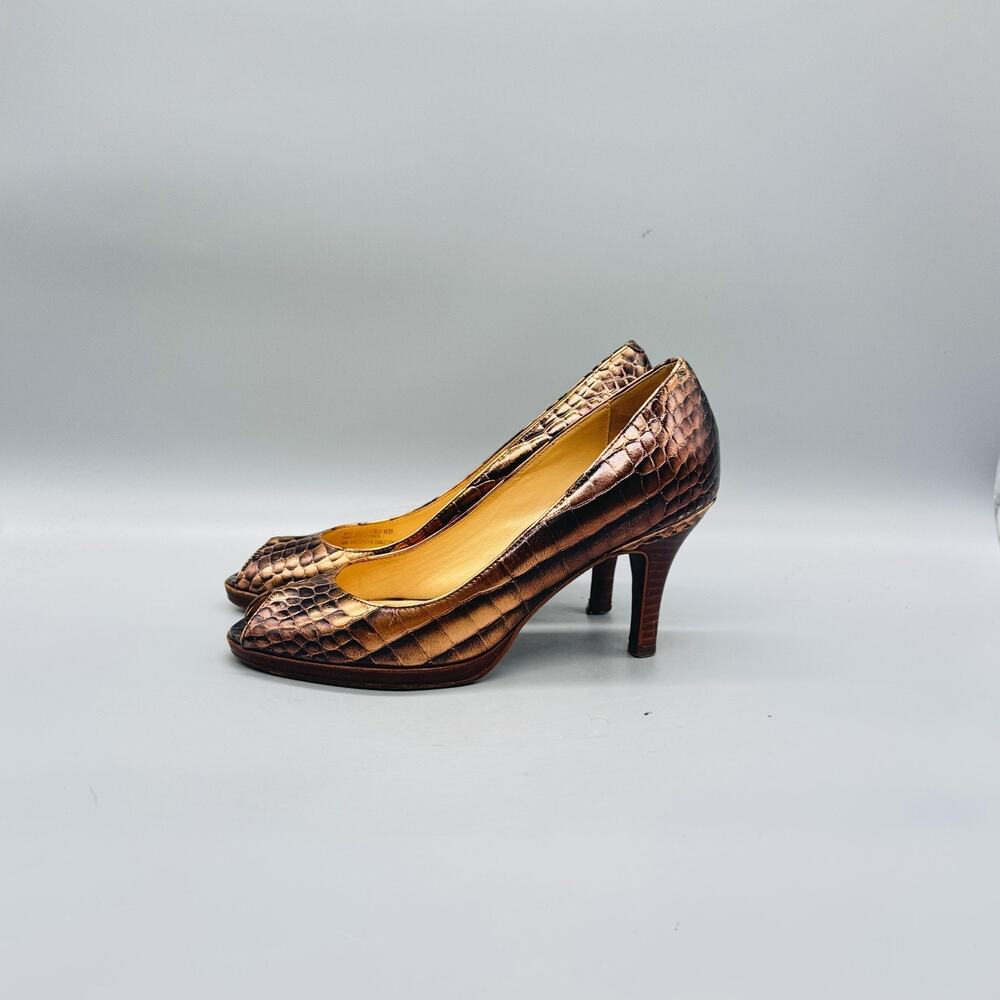 Cole Haan Shoes Womens 6 Brown Snake Embossed Leather Peep Toe Vintage Pumps - Picture 4 of 11